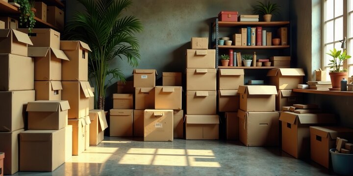 Sunlit Room Filled with Stacked Cardboard Boxes Ready for Relocation or Storage