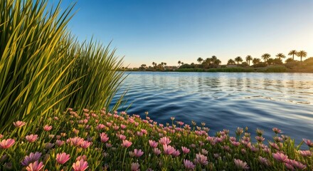 A tranquil waterside scene with vibrant flowers, green reeds, and palm trees under a blue sky