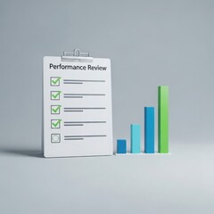 Performance review with clipboard and increasing bar chart graph