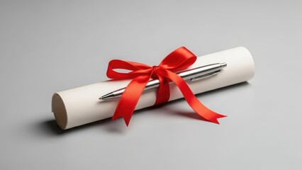 Elegant gift wrapped document with red ribbon and silver pen