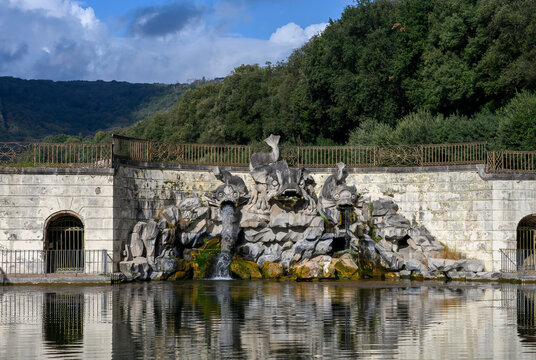 The Fountain of the Dolphins in the Royal Park of Caserta, baroque stone sculptures, Italy