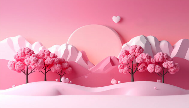 paysage rose bonbon 3D avec arbre cerisier, montagne et c&oelig;ur