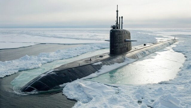 Submarine Surfacing Through Arctic Ice for Polar Defense and Maritime Power Concept