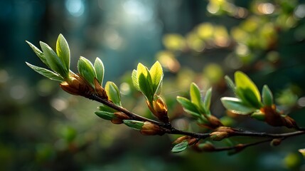 Fresh green tree buds ready to burst sit on a branch, showing spring awakening against a soft bokeh forest background with sunlight filters.