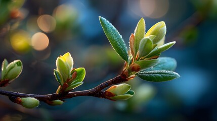 Obraz premium Fresh green tree buds ready to burst sit on a branch, showing spring awakening against a soft bokeh forest background with sunlight filters.