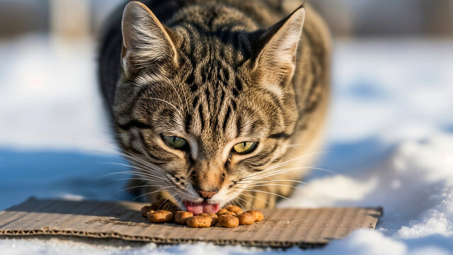 Stray cat eating in snow symbolizing vulnerability