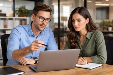 Obraz premium Business professionals collaborating on a project in a modern office using a laptop