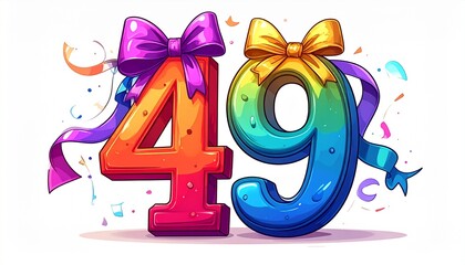 Number 49 wrapped with a festive ribbon on a white background. Image for birthday or anniversary party