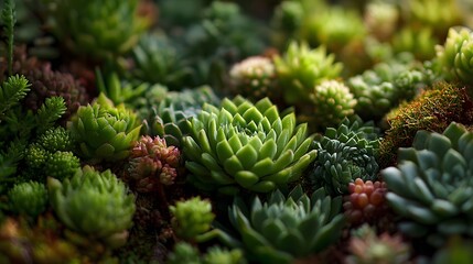 Fototapeta premium Garden bed is filled with various green succulents with natural sunlight casting shadows, focusing on texture and pattern botanical detail.