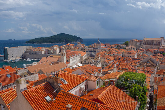 View of famous red terracotta rooftops and historic buildings in Old Town Dubrovnik on the Adriatic coast of Croatia
