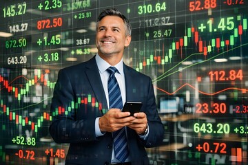 Confident businessman checking his successful investments on a smartphone with stock market charts behind him