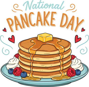 National pancake day celebration stack of fluffy pancakes with butter syrup berries and whipped cream illustration