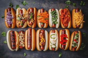 Assorted gourmet hot dogs with creative toppings on a dark rustic background