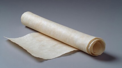 Fototapeta premium Rolled up piece of white paper or parchment paper on a grey background. the paper appears to be soft and smooth, with a slightly wrinkled texture.