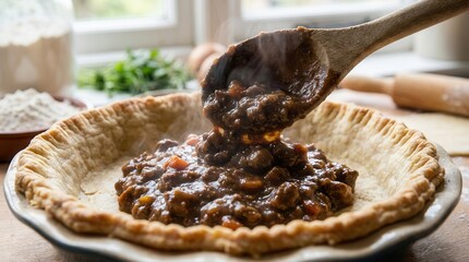 Steaming savory pie filling is spooned into a golden flaky pie crust using a wooden spoon. Preparation for a hearty home cooked meal.