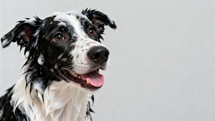 Wet black and white dog with soap suds