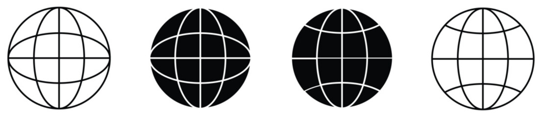 Obraz premium Minimal Globe Icon Set in Black and White Representing Global Network, World Map, and International Connectivity