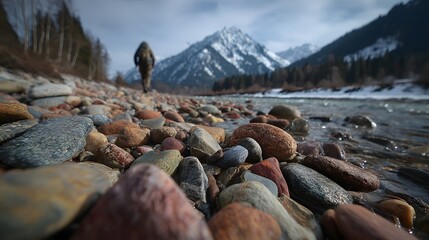 Ground-level perspective shows river stones with a blurred hiker walking towards snow-capped mountains in the distance with adventure vibe.