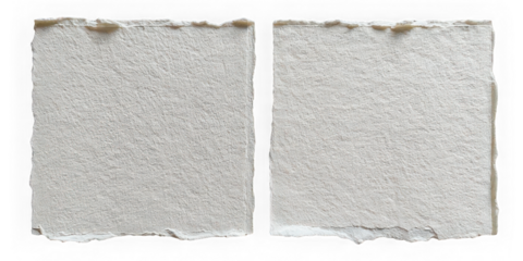 Two square paper torn edges isolated on transparent background rough texture blank white handmade empty craft stationery mockup design