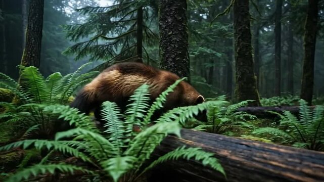 Wild wolverine exploring dense forest habitat amidst lush ferns and misty atmosphere