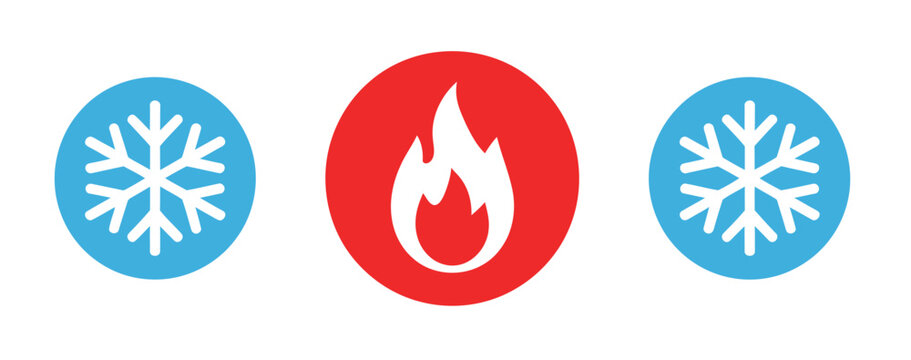 Hot and cold icon vector, showcasing flaming and freezing signs with refrigerator and boiler symbols in clean transparent background illustration.