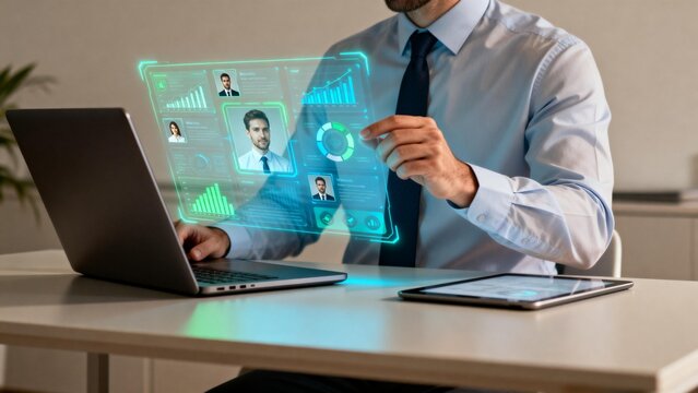 Businessman interacting with holographic data - Powered by Adobe