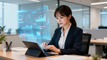 Woman working with digital data in office