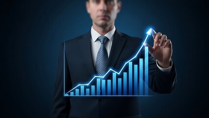 Businessman interacting with a futuristic digital graph on a transparent screen in a dark background