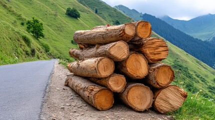 Logs stacked beside a road in a hilly area with green grass and distant mountains