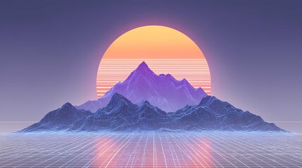 Obraz premium Neon mountains landscape with a large orange sun setting behind purple peaks in retro synthwave style