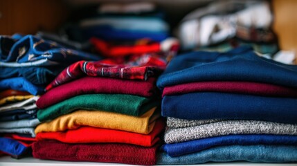 Clothes neatly stacked on a shelf in a closet during the day