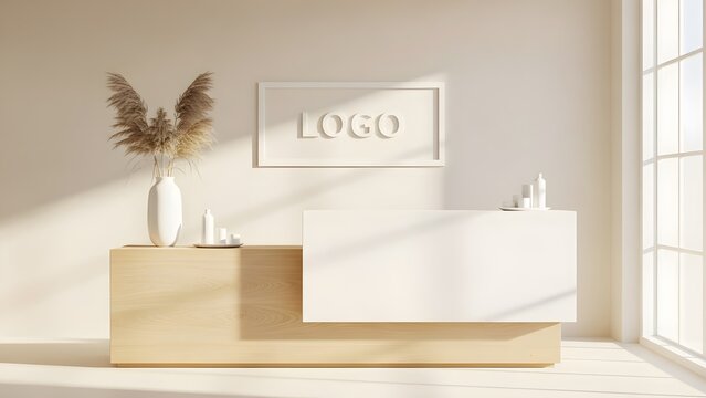 Modern office reception desk with logo and decorative plants