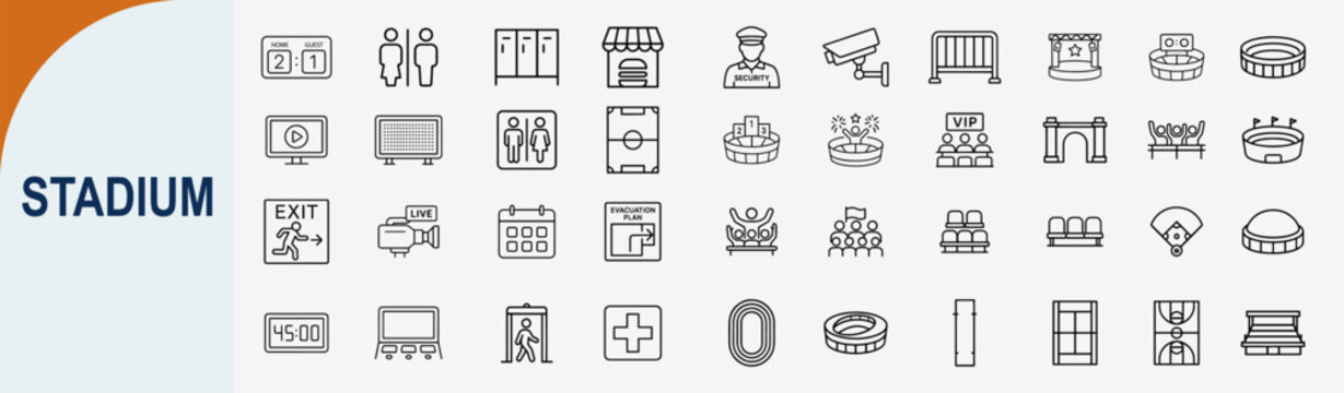 Stadium Arena and Sport Event Management Outline Icons Vector Set