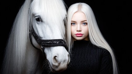 Young woman stands beside a white horse in a dark setting, both looking towards the camera with calm expressions