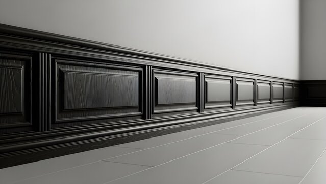 Dark classical wainscoting panels on a light gray wall in a modern room interior