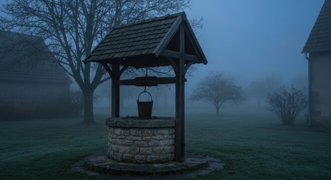 Stone well with bucket in foggy, rural setting; buildings and trees shrouded in mist