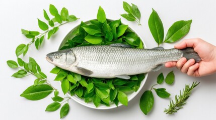 Fresh fish on green leaves ready for preparation in the kitchen during daylight
