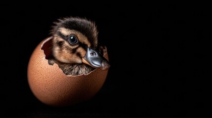 Duckling breaks out of egg in dark setting showcasing new life and natural process of hatching