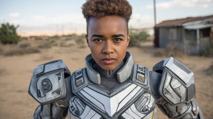 Person wearing futuristic armor stands in desert landscape under clear sky during daytime