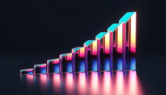 Financial Bar Graph on Dark Floor Rising Neon color - Powered by Adobe