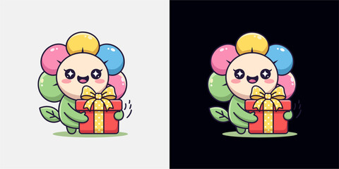 Fototapeta premium Cheerful Cartoon Flower Character Holding Gift, Illustrative Art, Bright Colors, Playful Vibe