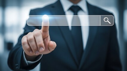 Businessman interacting with a digital search bar interface in a professional setting with a blurred background