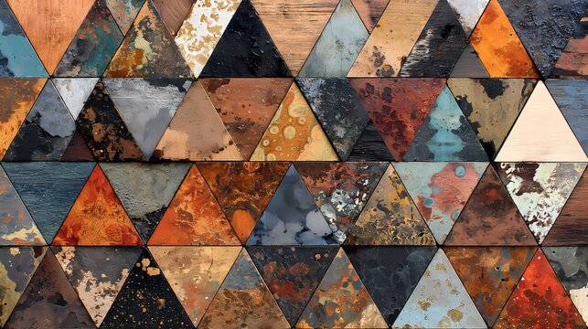 Rusty metal triangle mosaic with weathered textures and colorful patina