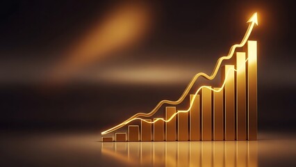 A glowing golden bar chart with an upward trend on a dark background with light beams