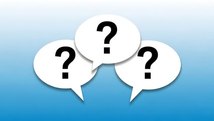 Three white speech bubbles with question marks on a blue gradient background
