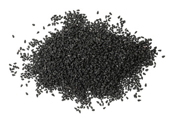 Nigella sativa or Black cumin isolated on white background. Top view. Flat lay