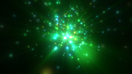 Obraz premium Bright green energy sphere radiating glowing light particles across a dark futuristic space