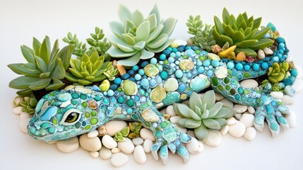 Artistic Lizard among Succulents: a stunning artistic creation featuring a vibrant, mosaic-like lizard sculpture adorned with intricate details and colors.