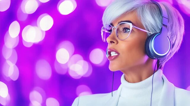 Techno Music in Headphone: An expressive woman is immersed in the auditory world through her headphone, her gaze is fixed and concentrated, captured against a vibrant purple backdrop.