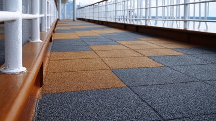 Long, narrow walkway on a cruise ship. the walkway is made up of blue and orange tiles arranged in a grid-like pattern. the tiles are evenly spaced and appear to be made of a textured material.